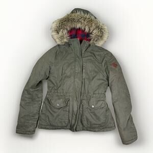 Hollister Y2K Faux Fur Hood Parka Flannel Lined Jacket Full Zip Women's Size M